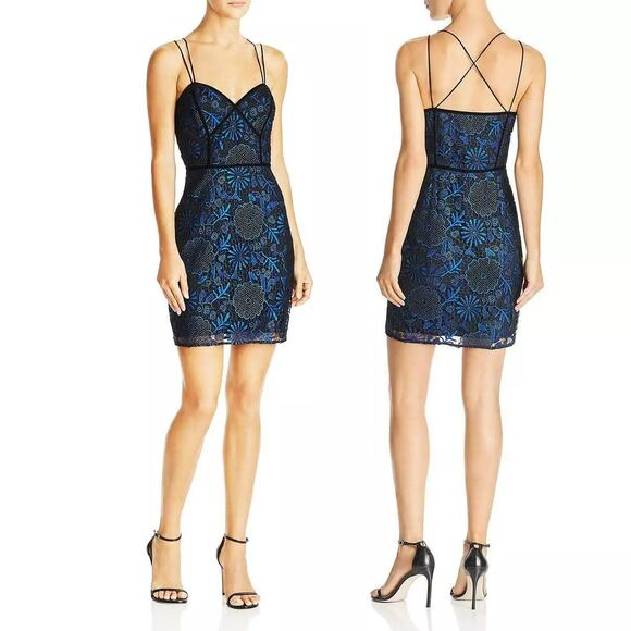 NWT Guess Sz 8 Adina Babydoll Cocktail Dress, Navy Floral Lace Black Velvet Trim - Picture 1 of 7